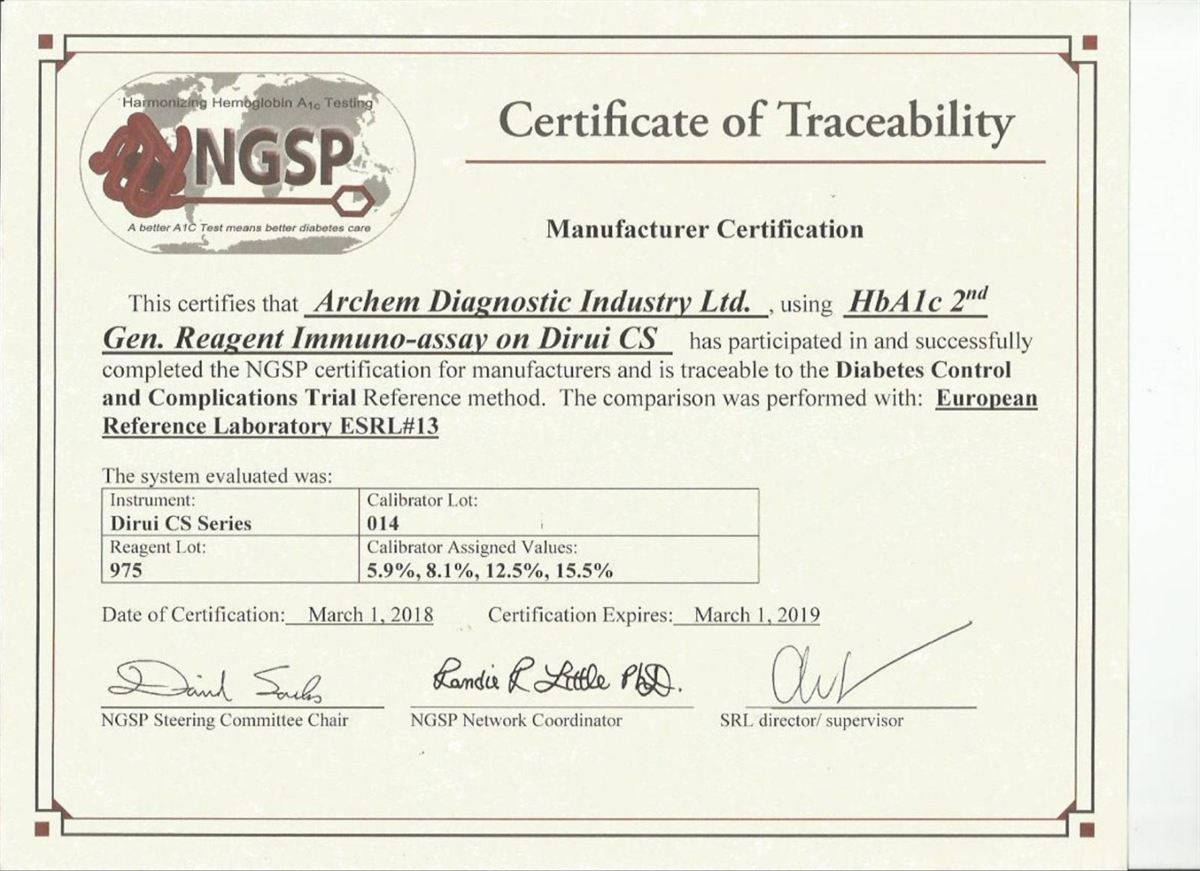 Certificat NGSP HbA1c pour la série CS