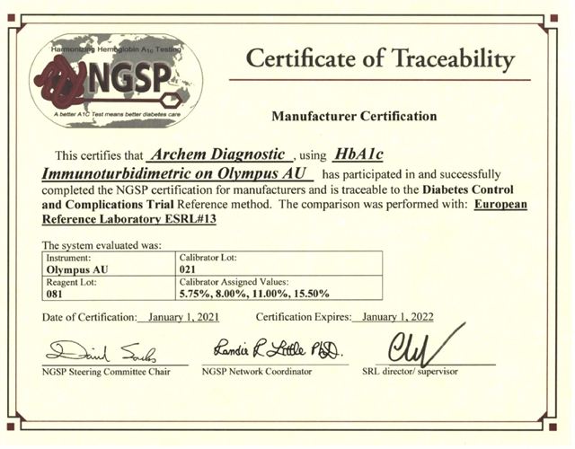 HbA1c Certificate of NGSP For Olympus AU Series